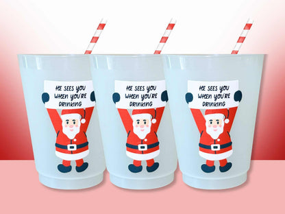 He Sees You When You're Drinking Santa 16oz Frosted Plastic Cups